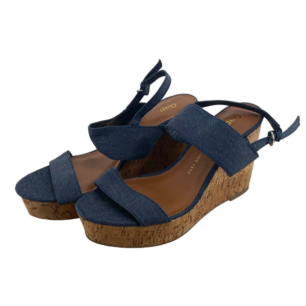 Gap Women's Size 8 Chambray Cork Wedge Open-Toe 4" Heel Espadrille Platform Strappy Sandals