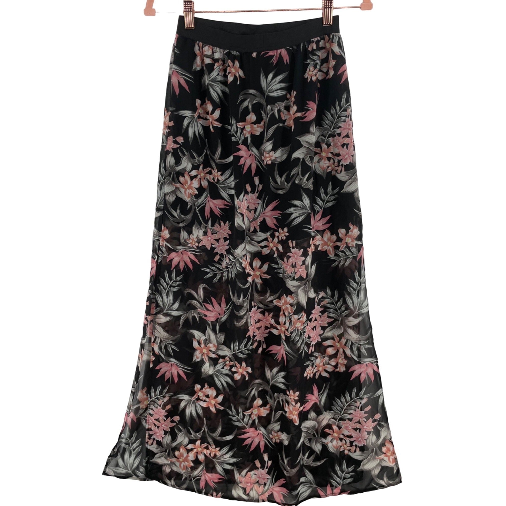 H&M Women's Size 4 Black/Grey/Pink/Yellow Floral Sheer Flowy Maxi Skirt