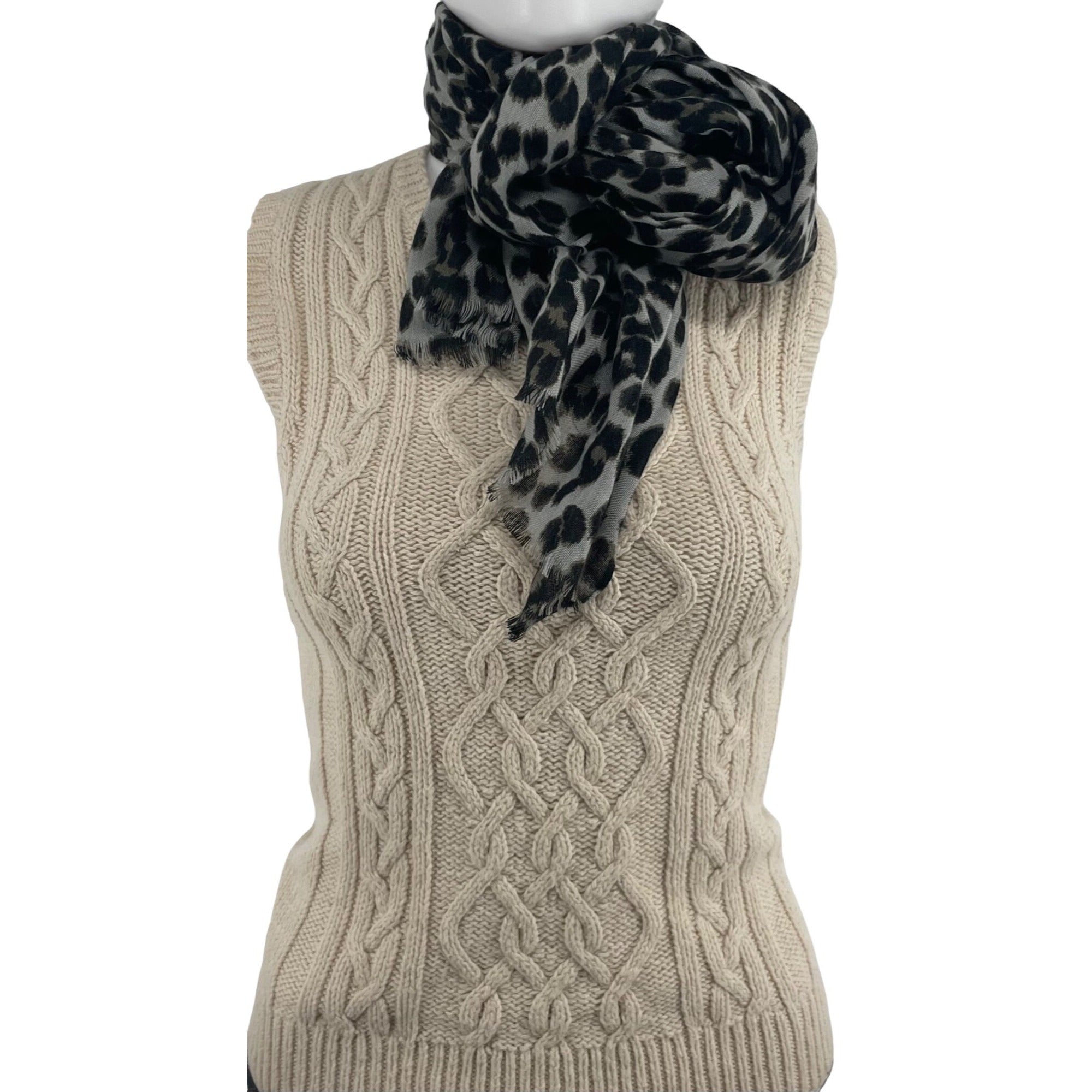 Women's Grey, Olive & Black Leopard Print Sheer Scarf W/ Fringe Hem