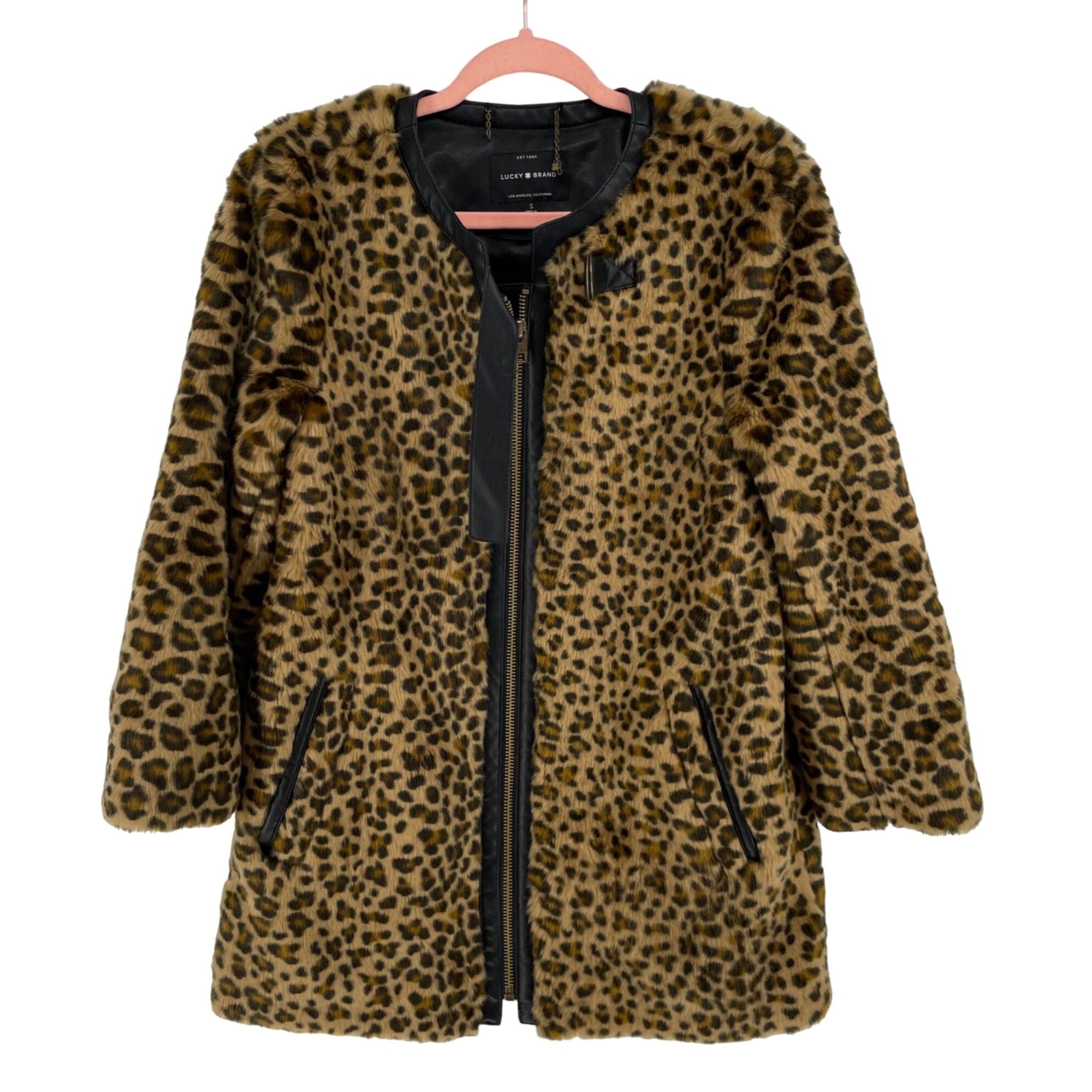 Lucky Brand Women's Small Faux Leopard Print Coat W/ Black Faux Leather Trim