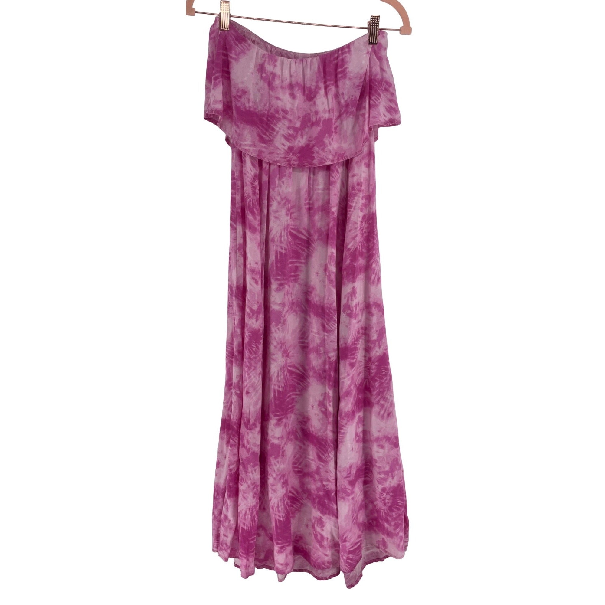 Japna Women's Size Medium Strapless Fuchsia/Pink Tie Die Maxi Dress W/ Drawstring Waist