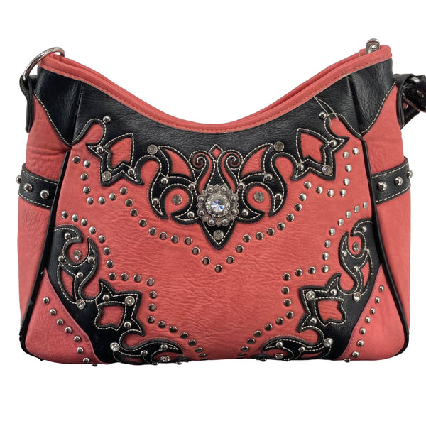 Vintage Women's Coral Pink, Black & Silver Studded Shoulder Bag