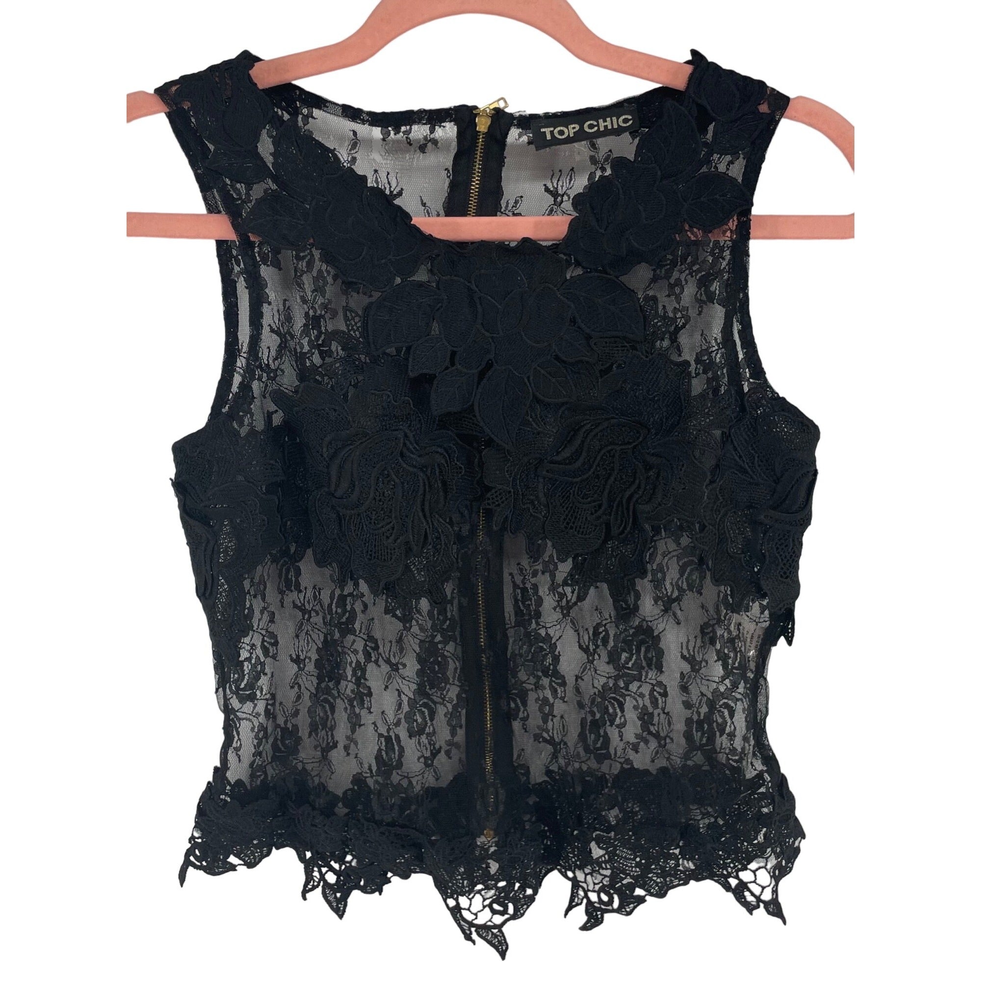 Top Chic Women's Size Large Black Sleeveless See-Through Sheer Floral Lace Top