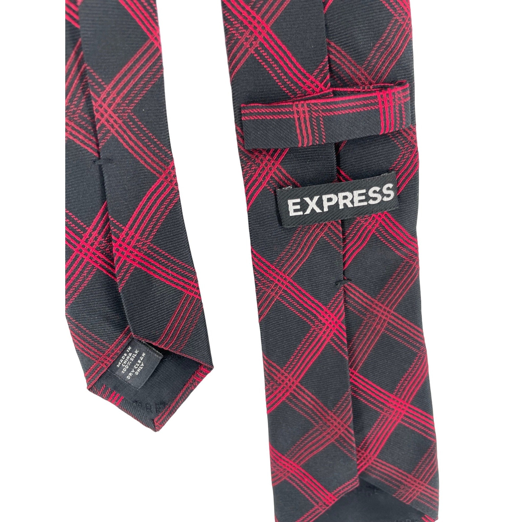 Express Men's Red & Black Plaid Striped Silk Dress Tie