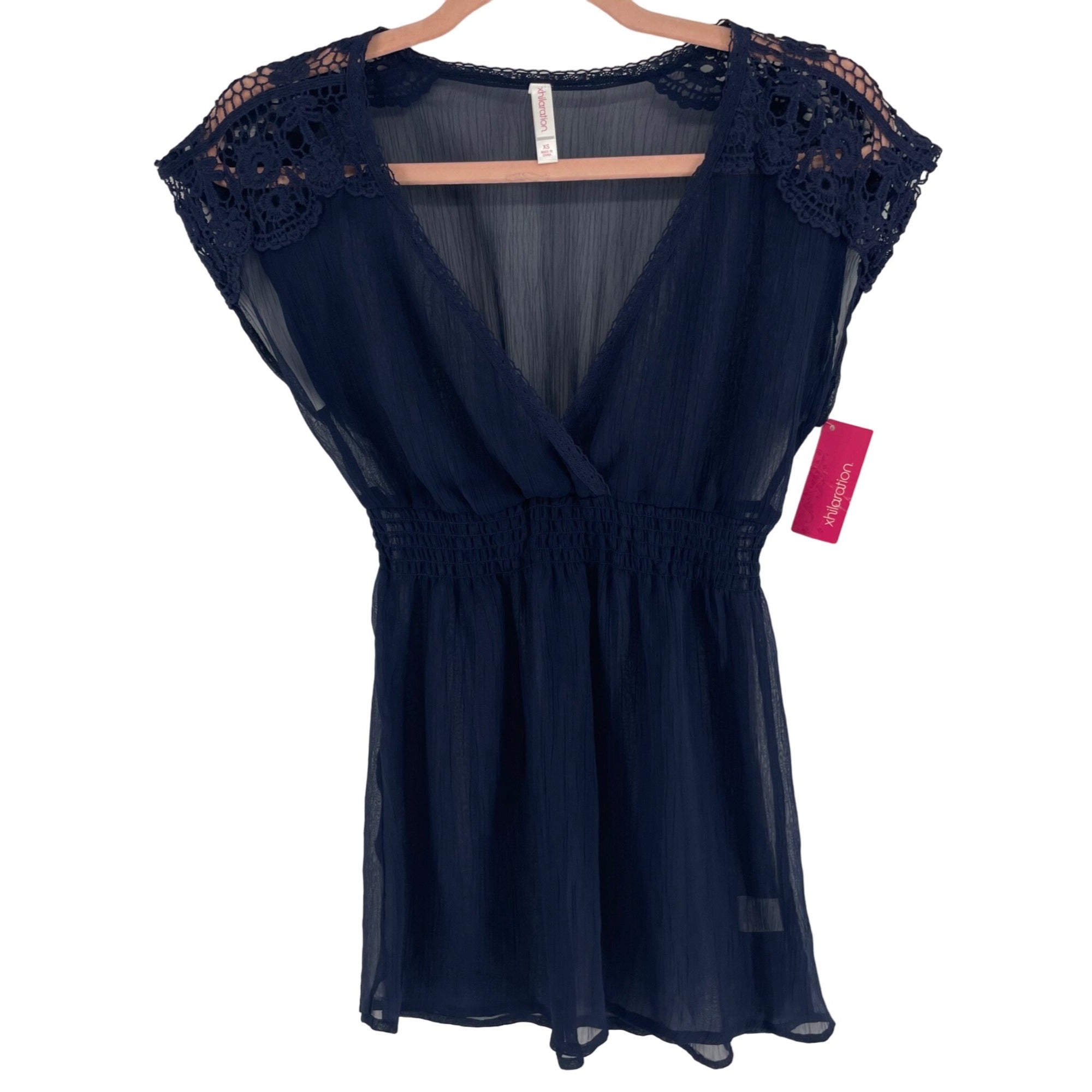 NWT Xhilaration Women's Size XS Navy Blue V-Neck Sheer Floral Lace Top