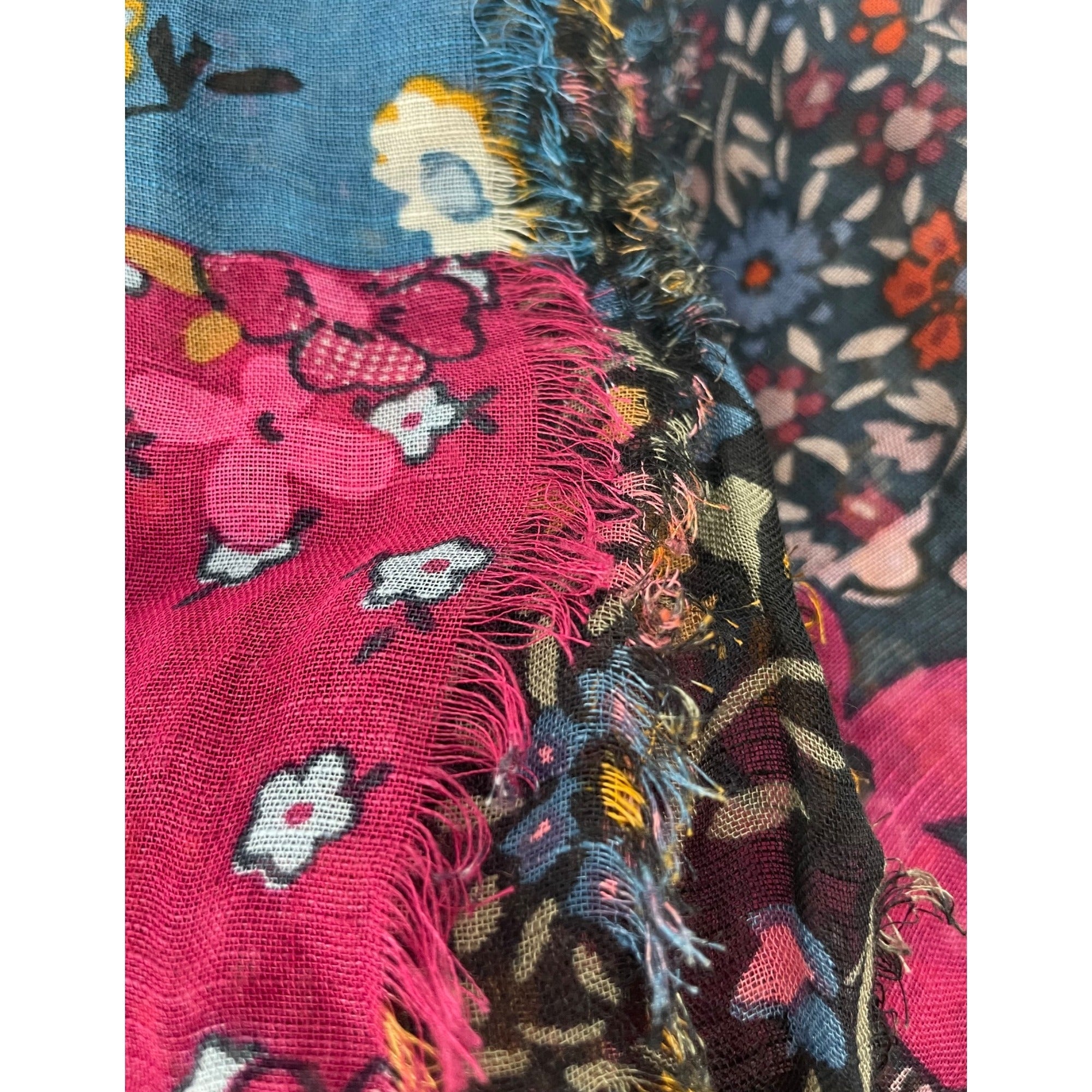 Women's Fuchsia and Blue Floral Print Scarf W/ Fringe Hem