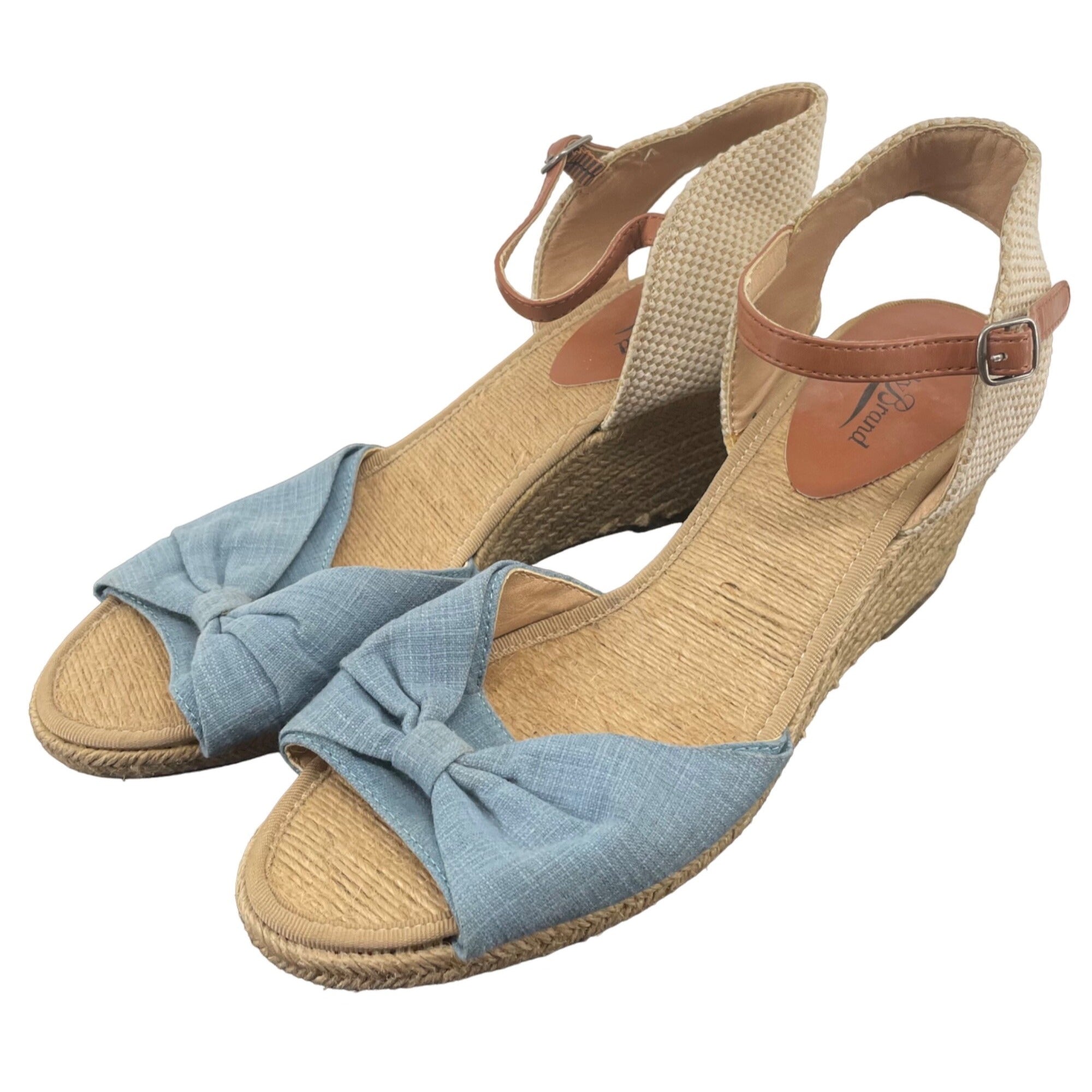 Lucky Brand Women's Size 11 Blue & Tan Wedge Espadrille Sandal W/ Bows