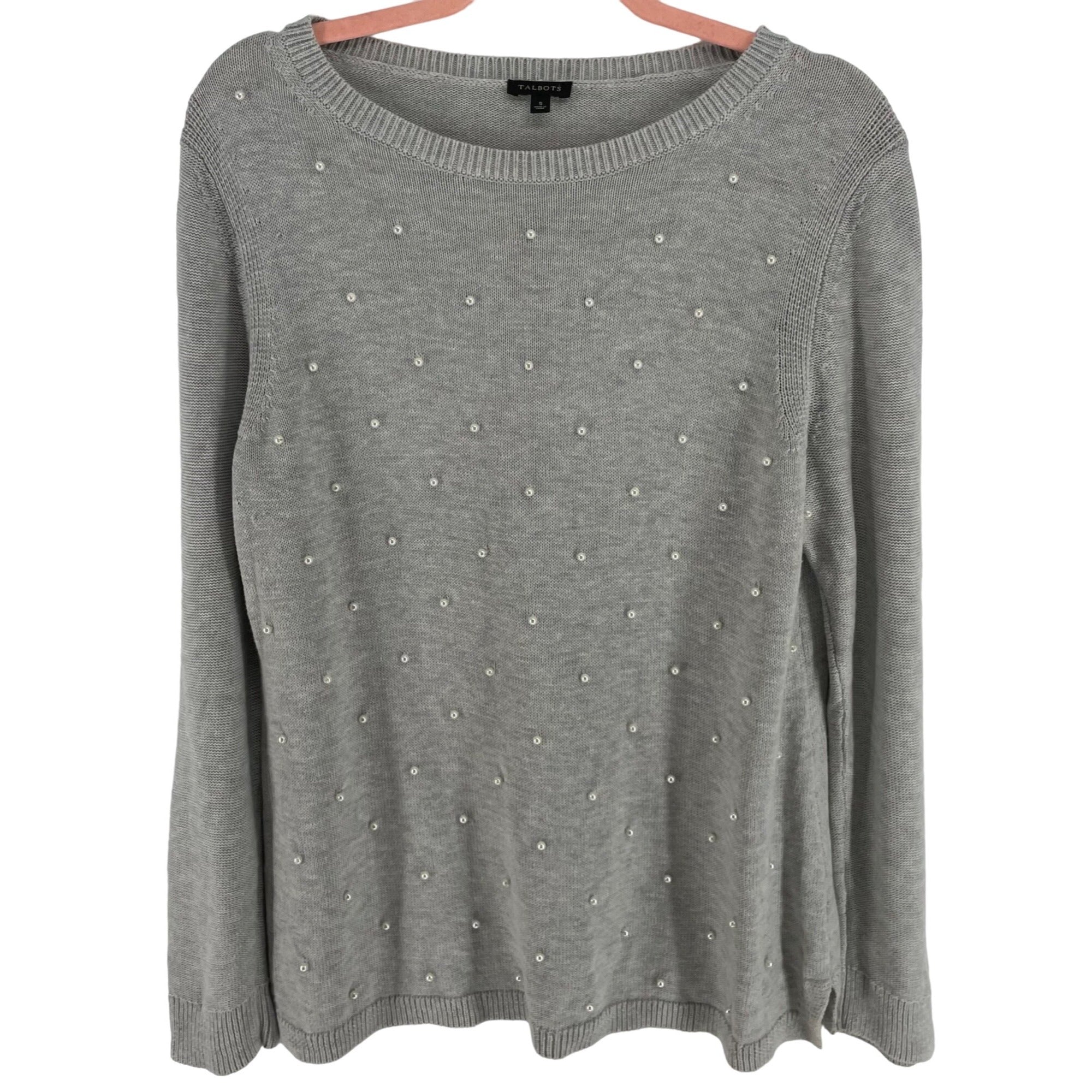 Talbot's Women's Size Small Grey Crew Neck Sweater W/ White Pearl Embellishment