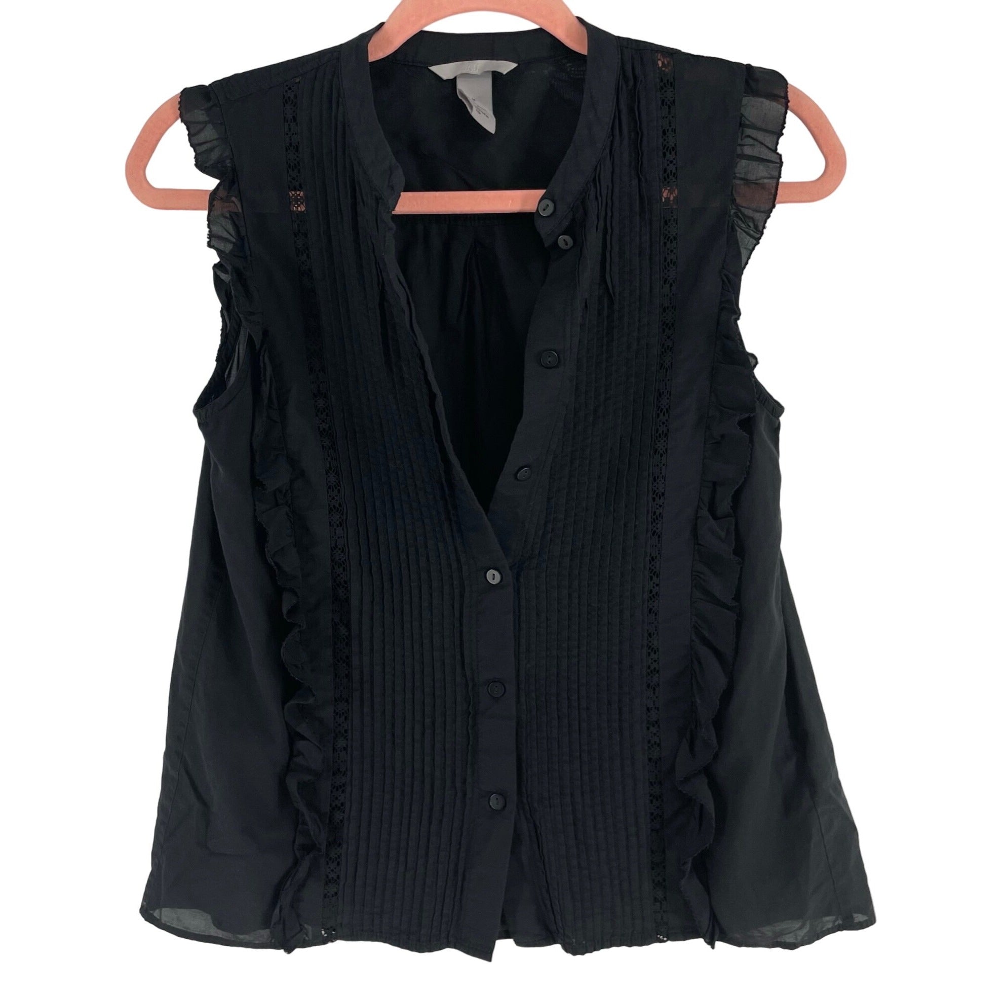 H&M Women's Size 6 Black Sleeveless Ruffled/Pleated Button-Down Shirt W/ Lace