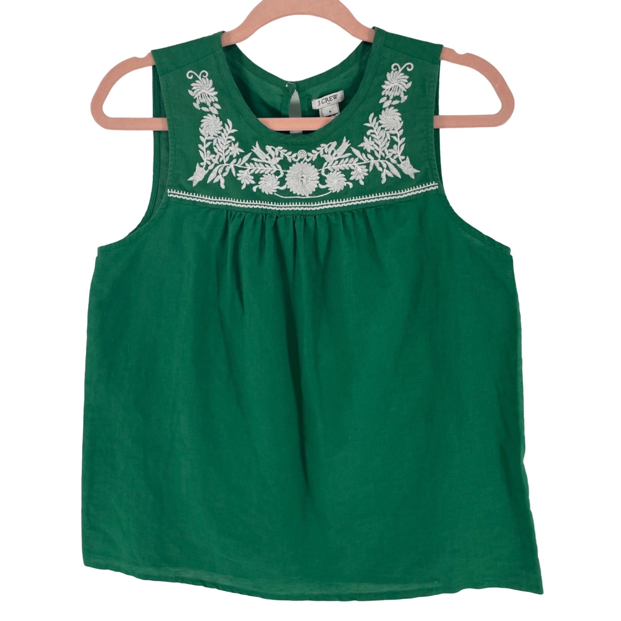 J. Crew Women's Size 6 Sleeveless Green & White Floral Embroidered Linen Top