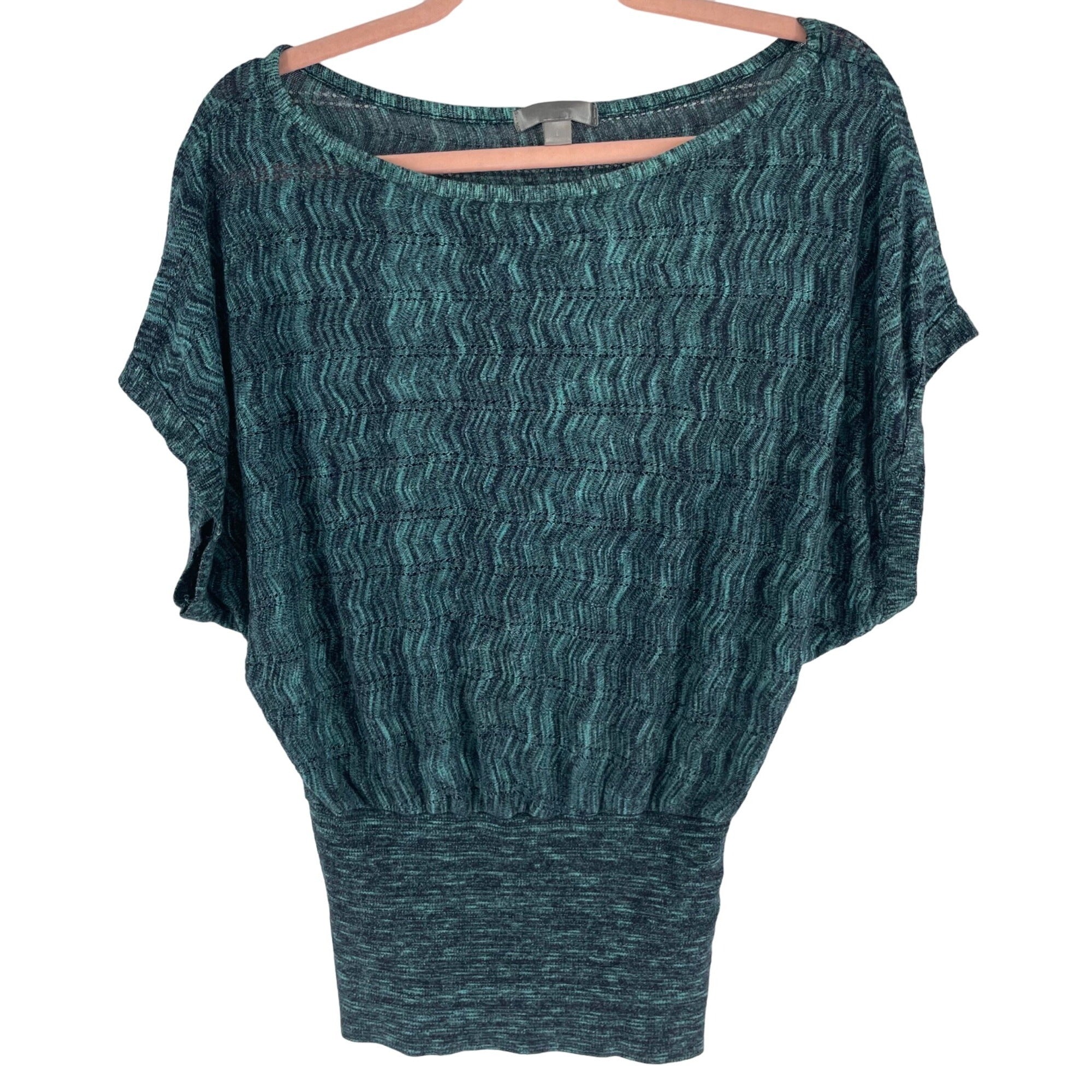 Women's Size Large Teal Sheer Mesh Knit Short-Sleeved Top W/ Tapered Waist