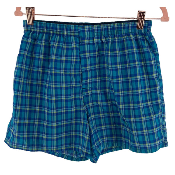 Hanes Men's Size Medium Comfort Blend Teal/Cobalt Blue/Lime Green Plaid Boxer Shorts