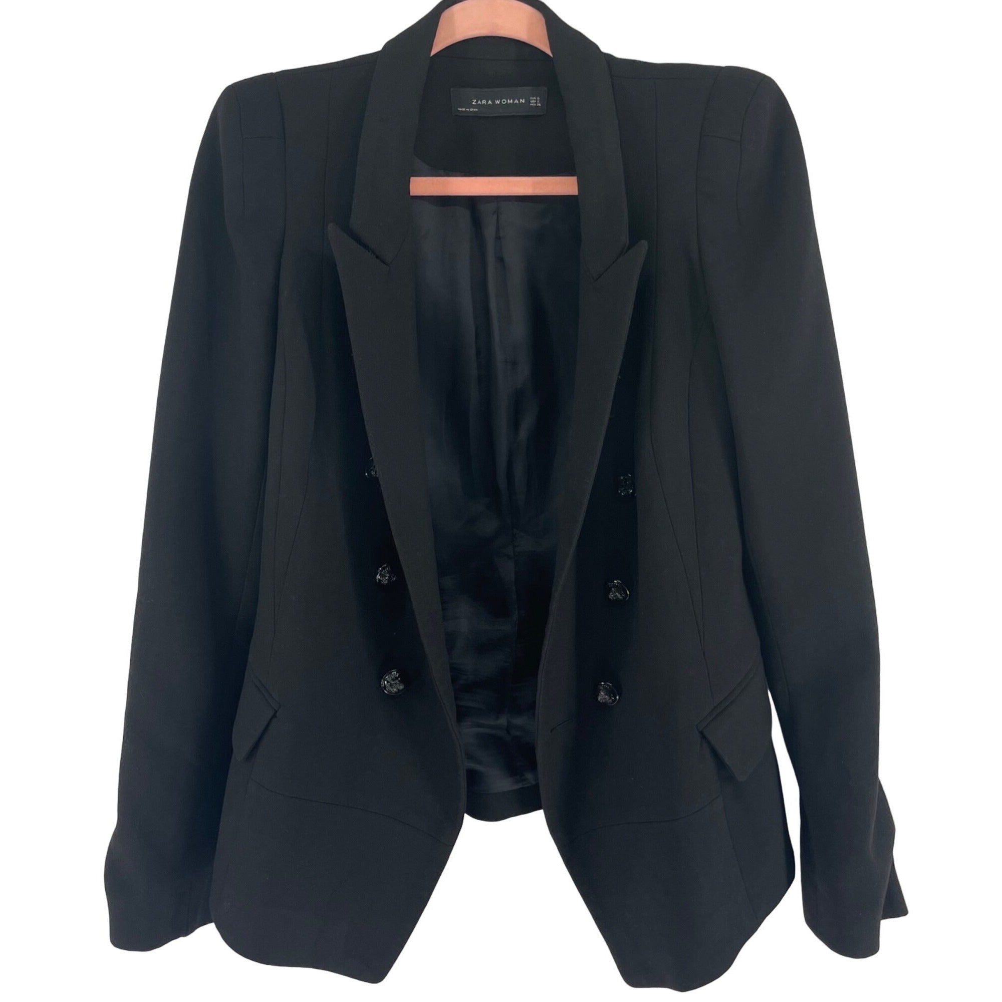 Zara Women 's Size Small Black Long Formal Double-Breasted Dressy Blazer