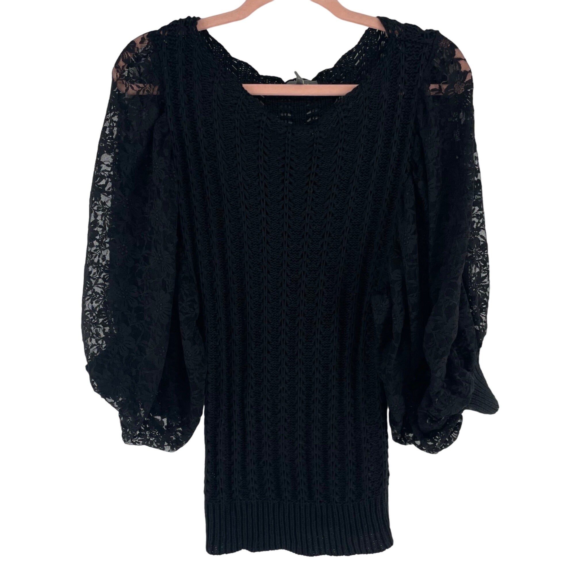 Gracia Women's Size M/L Black Knitted Boho Top W/ Lace Sleeves