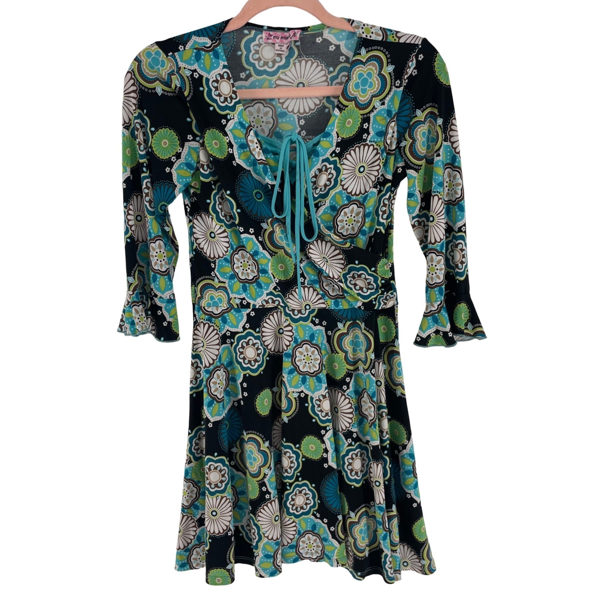 My Michelle Girl's Size 14 Aqua, Black/White/Brown Floral Ruffle Sleeve Dress