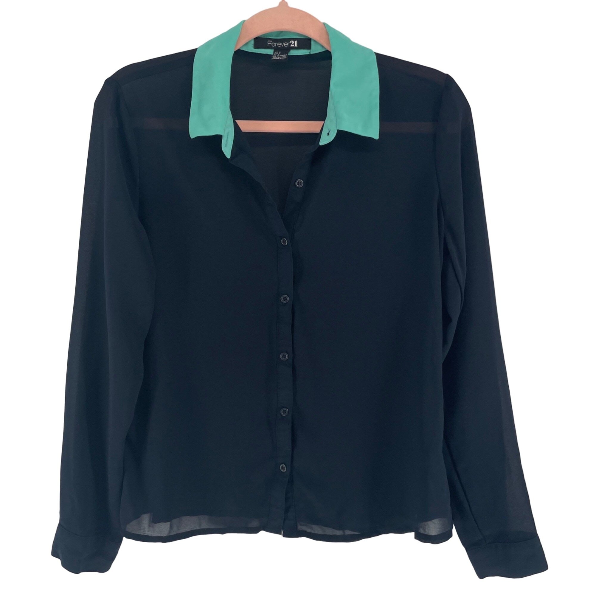 Forever 21 Women's Size Small Navy & Teal Collared Sheer Button-Down Shirt