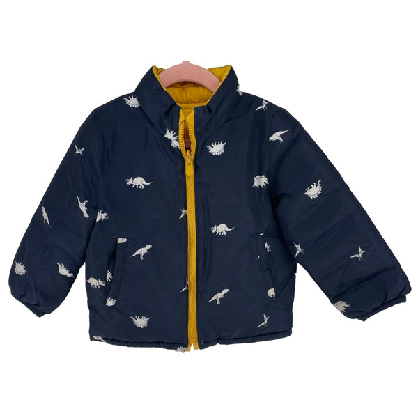 GAP Boy's Size 2Y Navy Blue & Mustard Yellow Reversible Dino Print Puffer Jacket