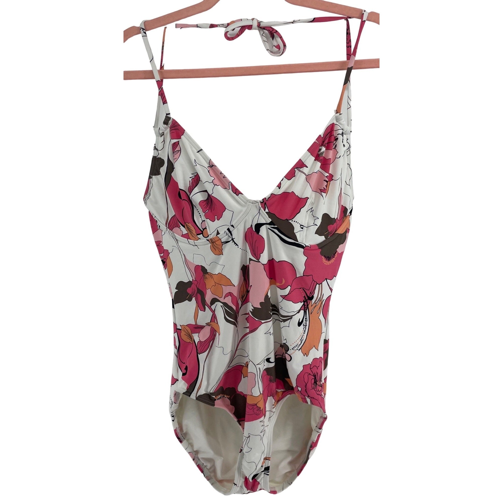 DKNY Women's Size 12 Pink, Orange, White & Black Floral Wired Swimsuit