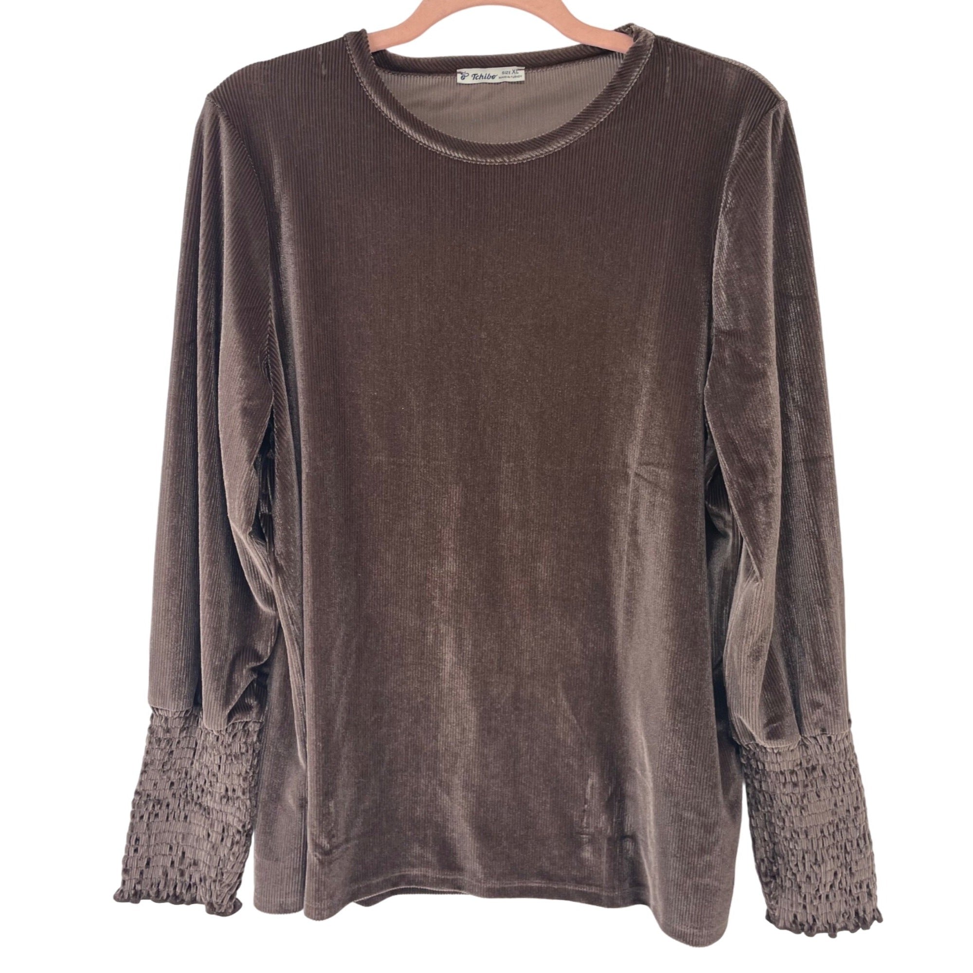 Tchibo Women's Size XL Brown Velour Long-Sleeved Top W/ Embroidered Sleeves