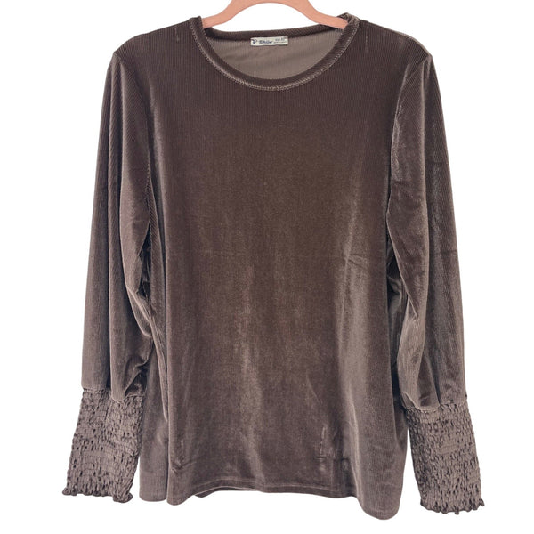 Tchibo Women's Size XL Brown Velour Long-Sleeved Top W/ Embroidered Sleeves