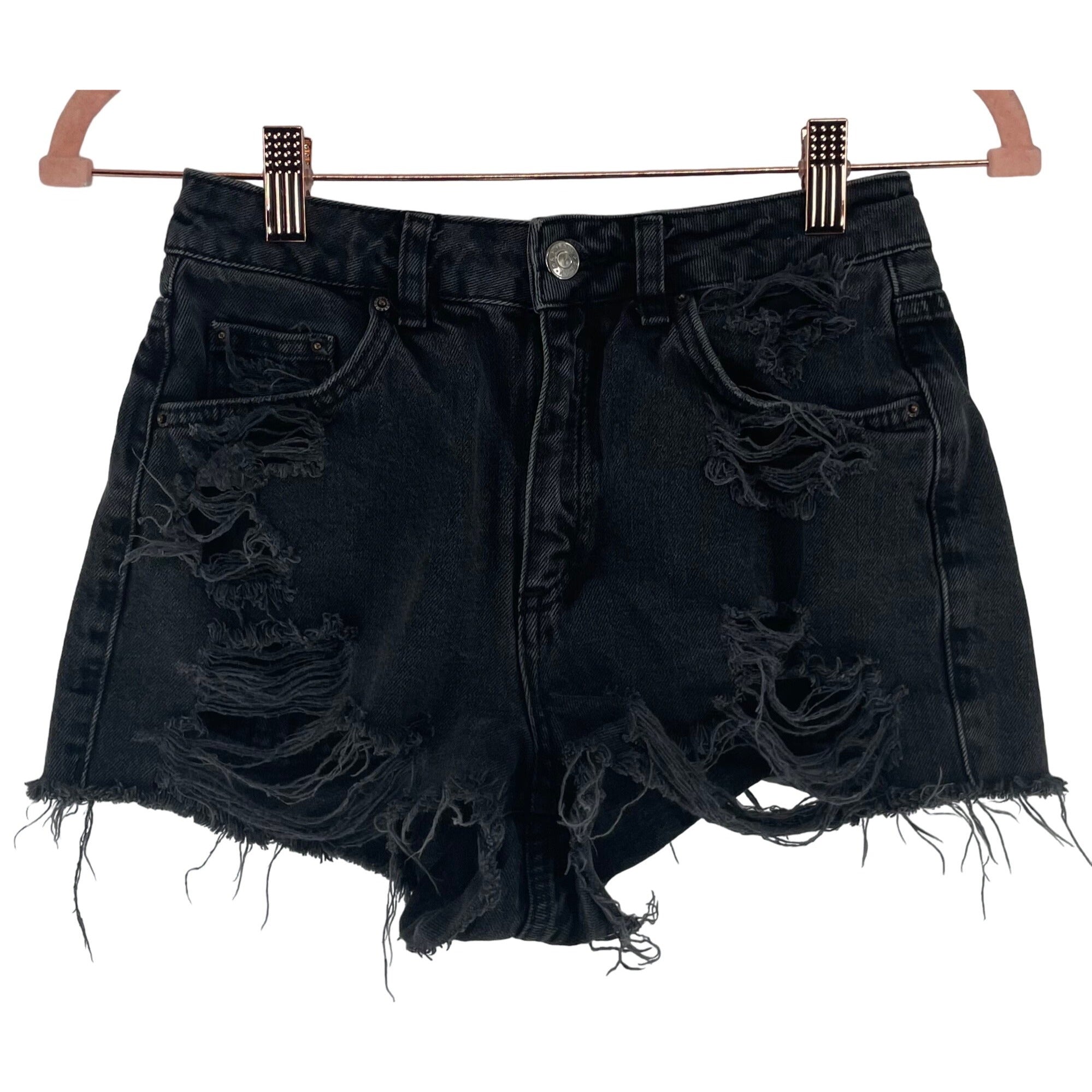 Topshop Moto MOM Women's Size 10 Black Distressed Fringe Hem High Rise Denim Shorts