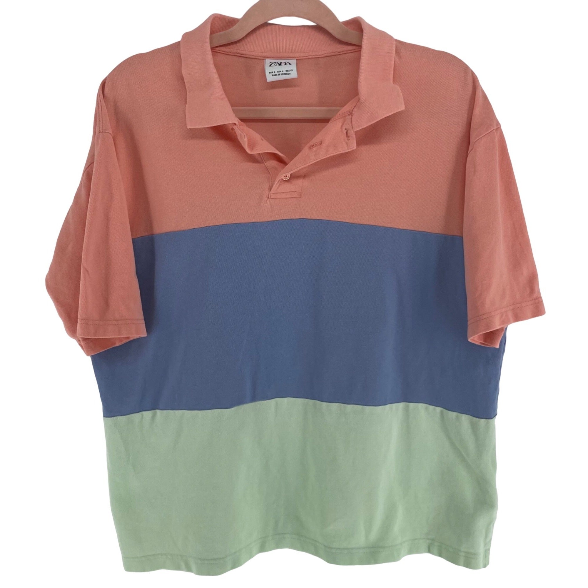 Zara Men's Size Large Peach/Periwinkle/Mint Striped Collared Shirt