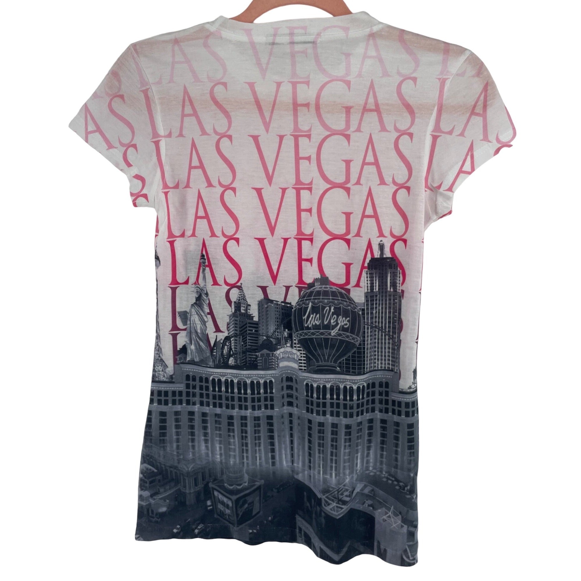 NWOT Maya Women's Size Medium Las Vegas Graphic Grey/White/Pink T-Shirt W/ Rhinestones