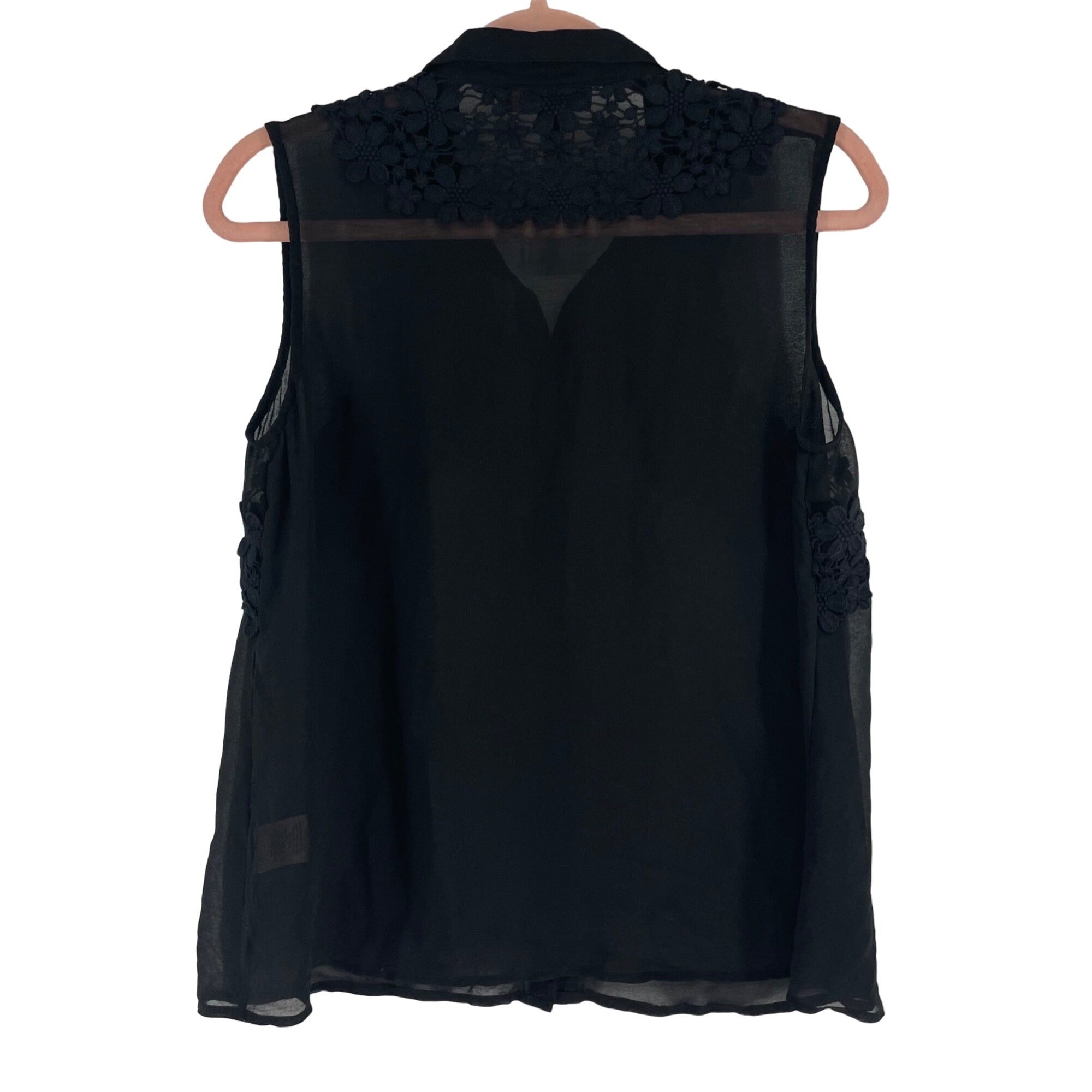 Philosophy Women's Size Medium Black Sleeveless Button-Down Sheer Floral Lace Trim Top