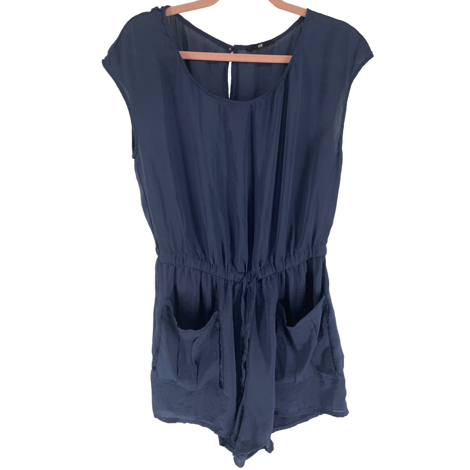 H&M Women's Size Medium Navy/Dark Periwinkle Satin Romper W/ Elastic Waist