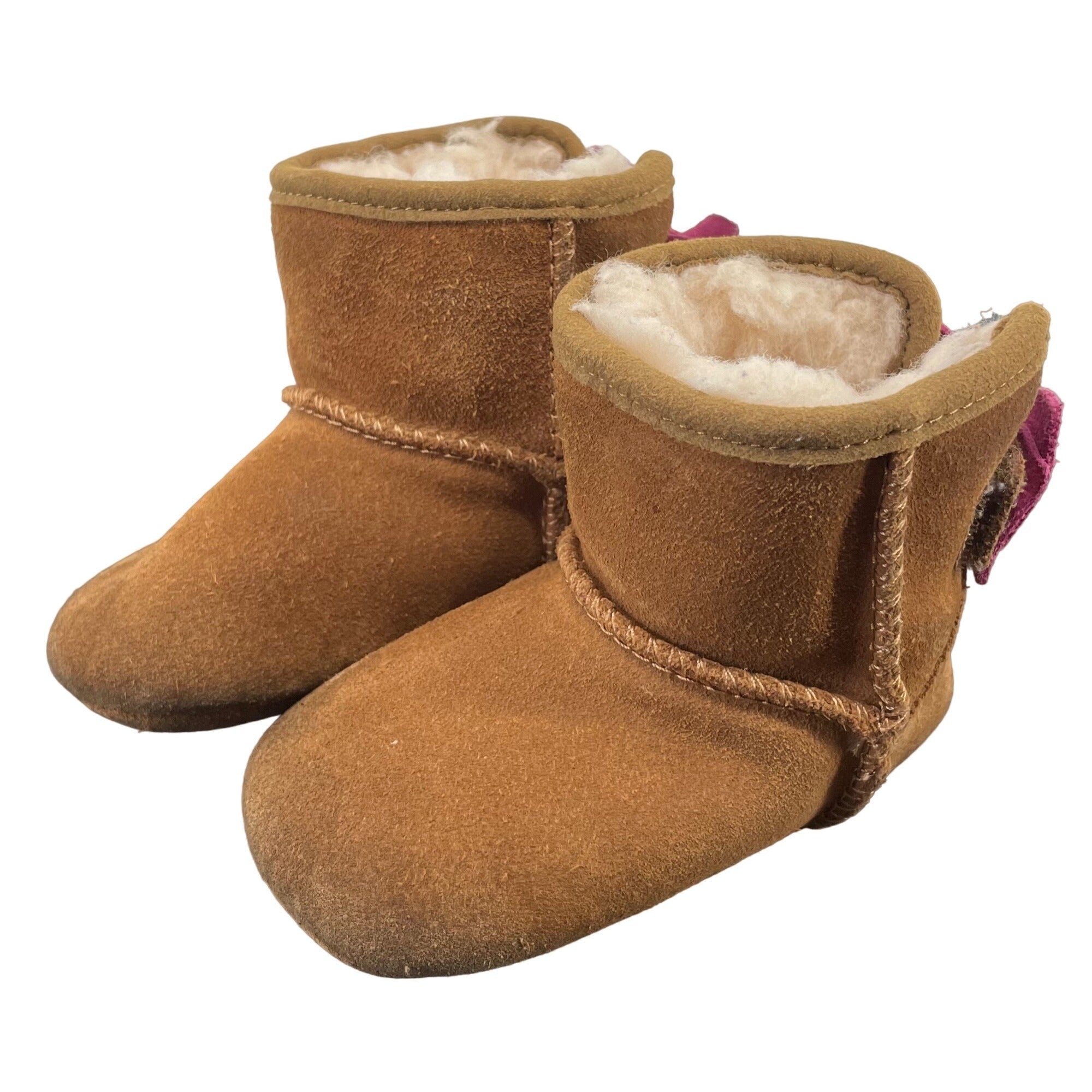 UGG Girl's Size 2/3 Toddler Brown Suede Faux Fur Trim Booties W/ Pink Bows