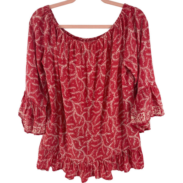 NWOT NAT by Natalie Martin Women's Size Large Red/ Cream Bell Sleeve Ruffle Top