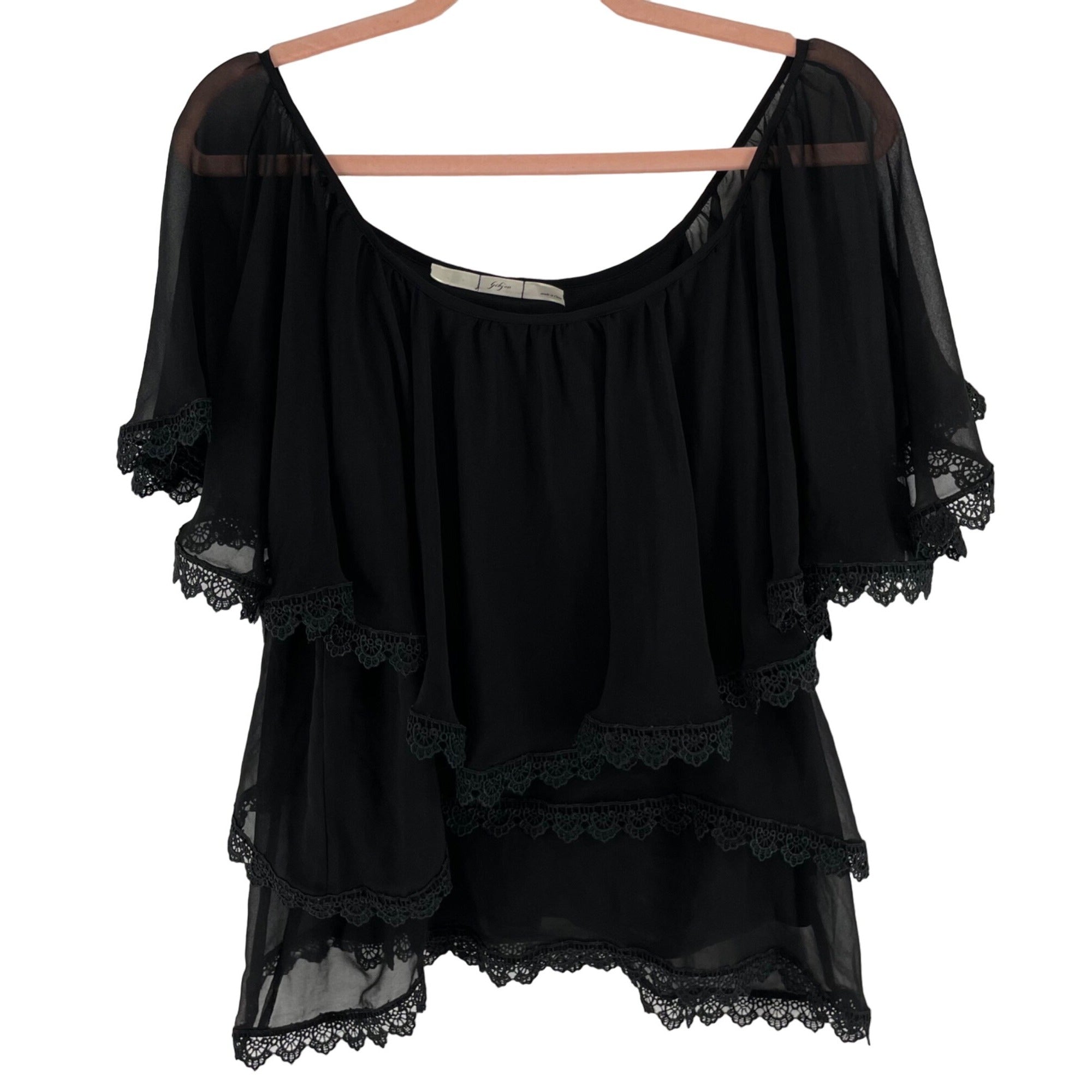 Gisbon Women's Size Medium Black Flowy Layered Top W Lace Trim