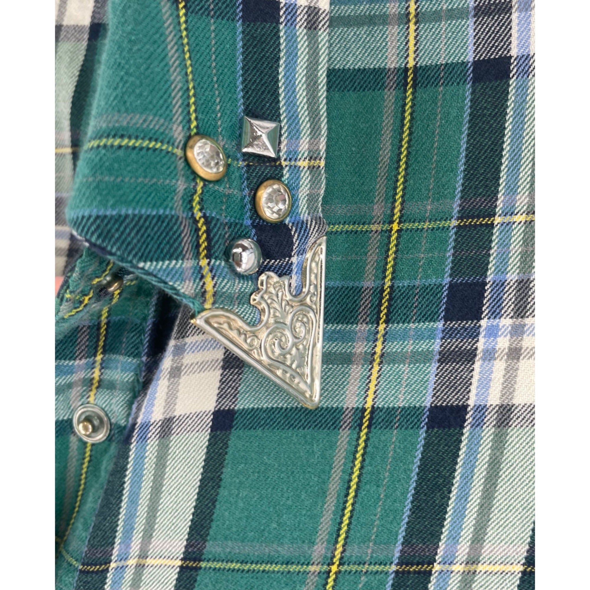 Zara Women's Western Size XS Green Plaid Button-Down Flannel W/ Rhinestones & Silver Studs