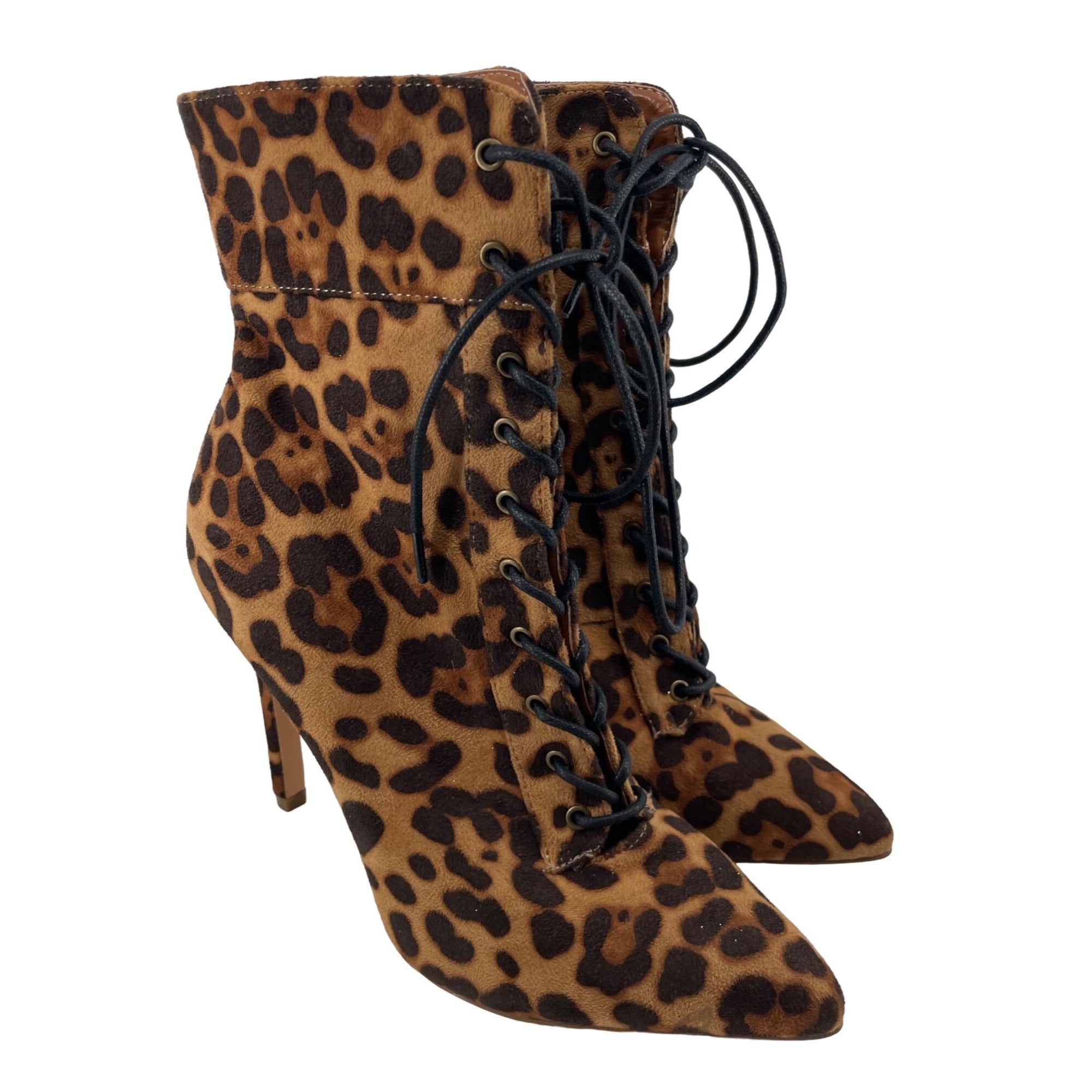 Olivia Jaymes Women’s 7.5 Leopard Print Lace-Up Ankle Booties