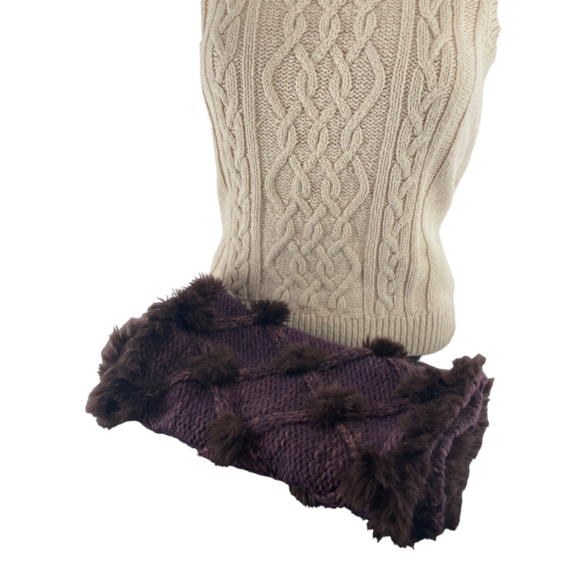 LOFT Women's Purple Knit Infinity Loop Snood Scarf W/ Brown Faux Fur Trimming