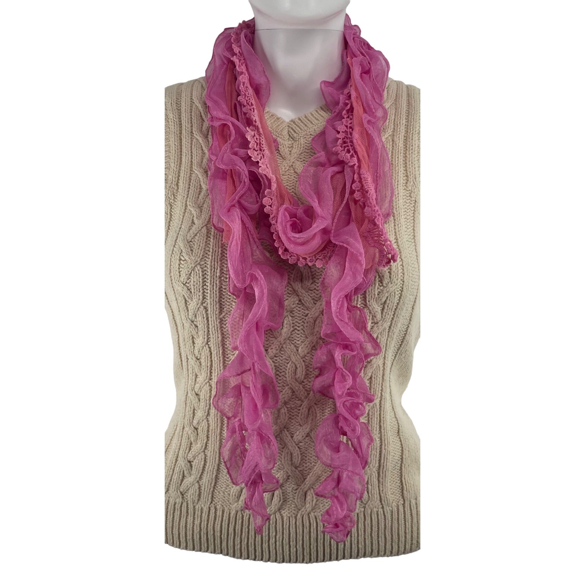 Women's Pink Embroidered Sheer Frilly Scarf