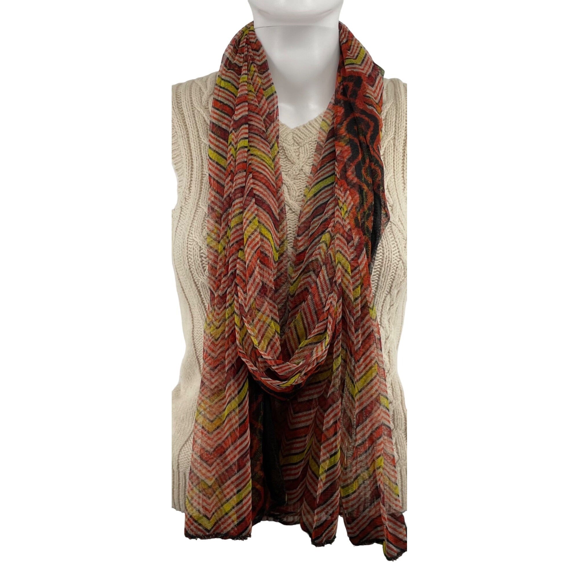 Women's Orange, Yellow, Black & White Sheer Striped Chevron Scarf