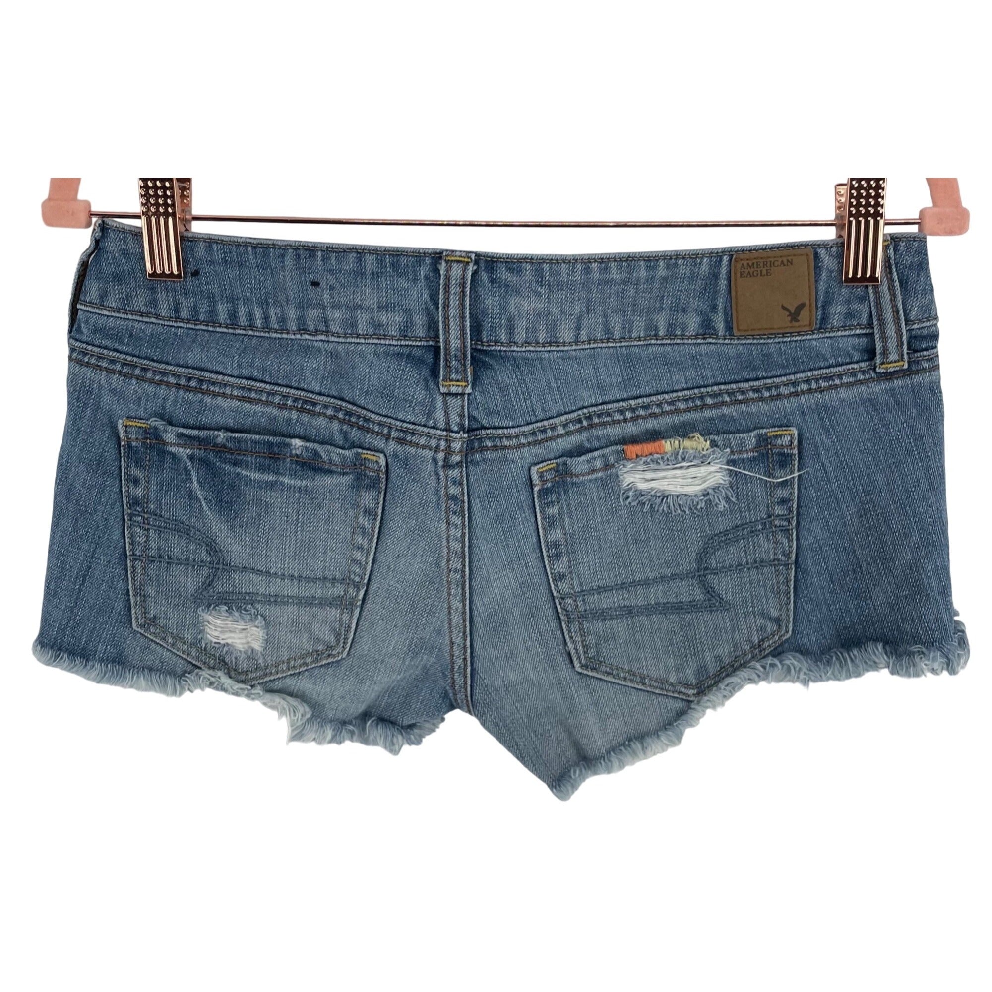 American Eagle Women's Size 2 Distressed Blue Jean Denim Low-Waisted Booty Shorts