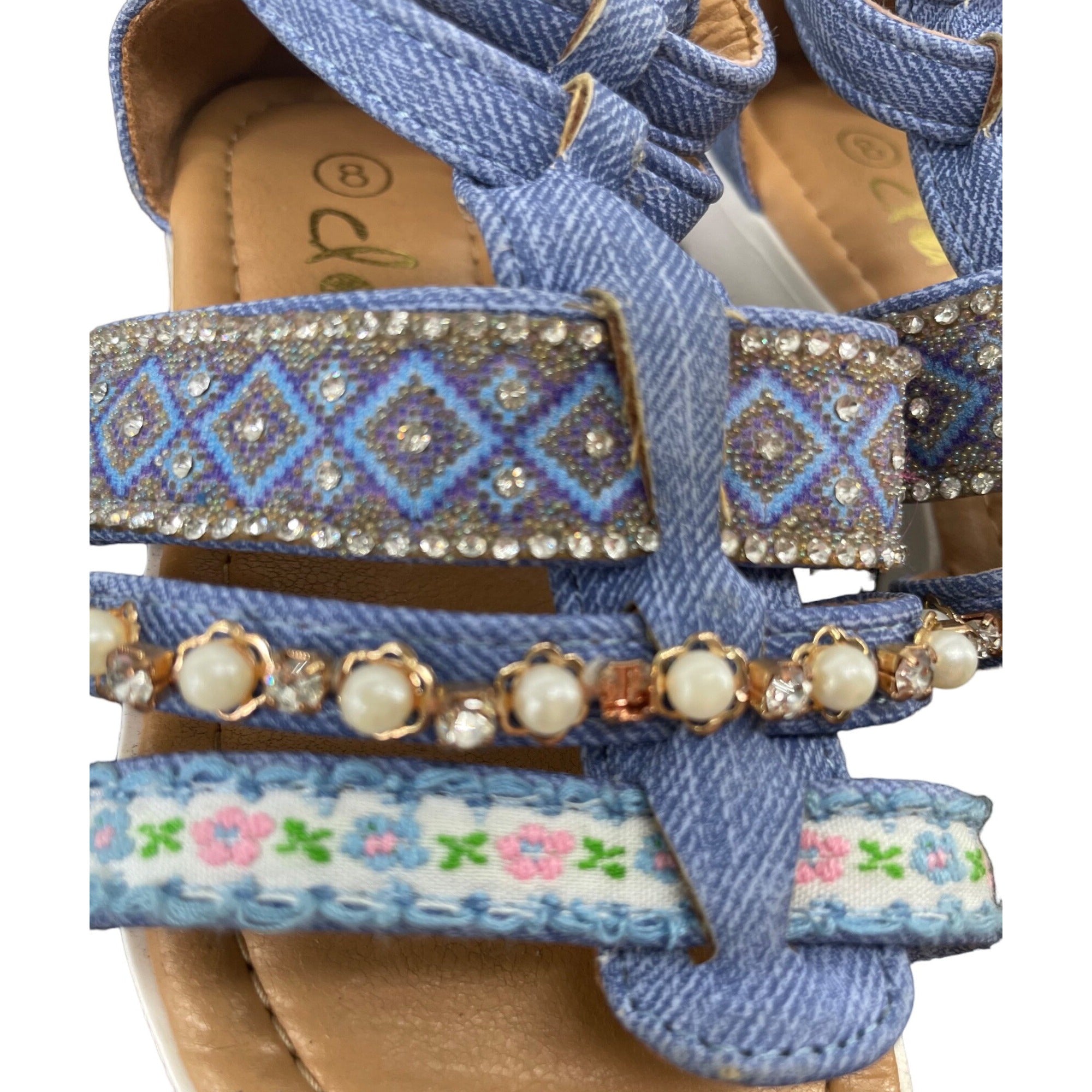 Claire Girl's Size 8 Sparkly Denim Blue Sandals W/ Rhinestones & Pearls