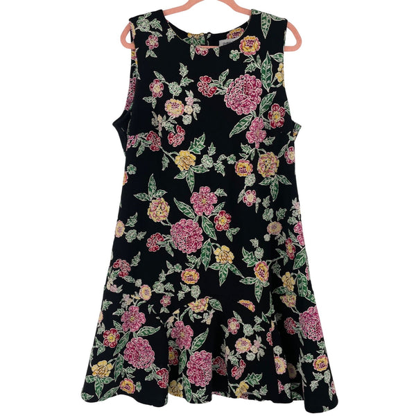 Shelby & Palmer Women's Size 16W Sleeveless Black/Multi-Colored Floral A-Line Midi Dress