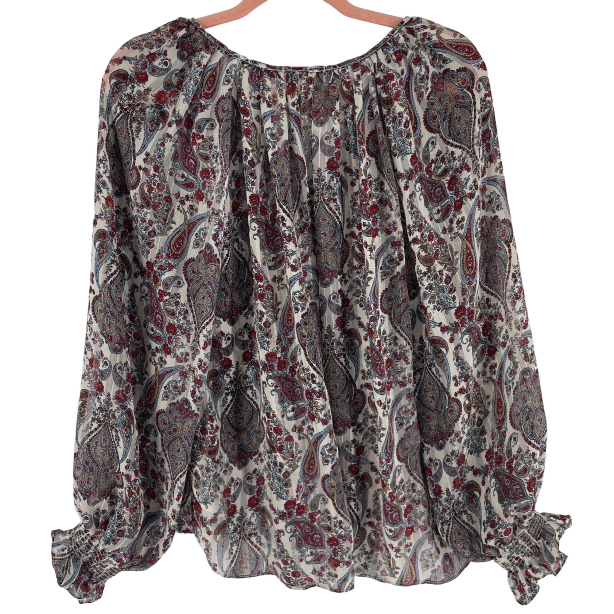 H&M Women's Size 8 Sheer White, Maroon, Blue, Tan Paisley Blouse W/ Ruffle Sleeves