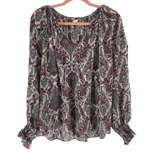 H&M Women's Size 8 Sheer White, Maroon, Blue, Tan Paisley Blouse W/ Ruffle Sleeves