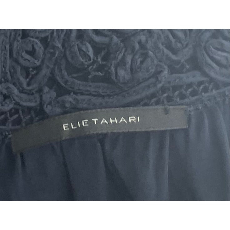 Elie Tahari Women's Size 0 Navy Silk Midi Dress W/ Lace Neckline