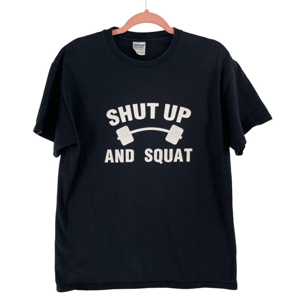 Gildan Men’s Size Medium Black Graphic Logo T-Shirt “Shut Up And Squat”