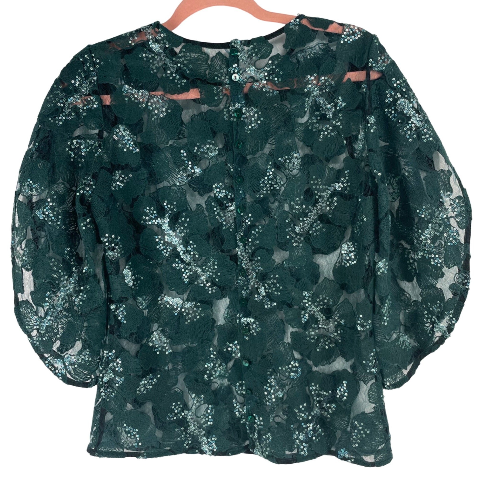 Anne Fontaine Women's Size Medium (38) Forest Green Sparkle Sheer Lace Floral Sequin Top