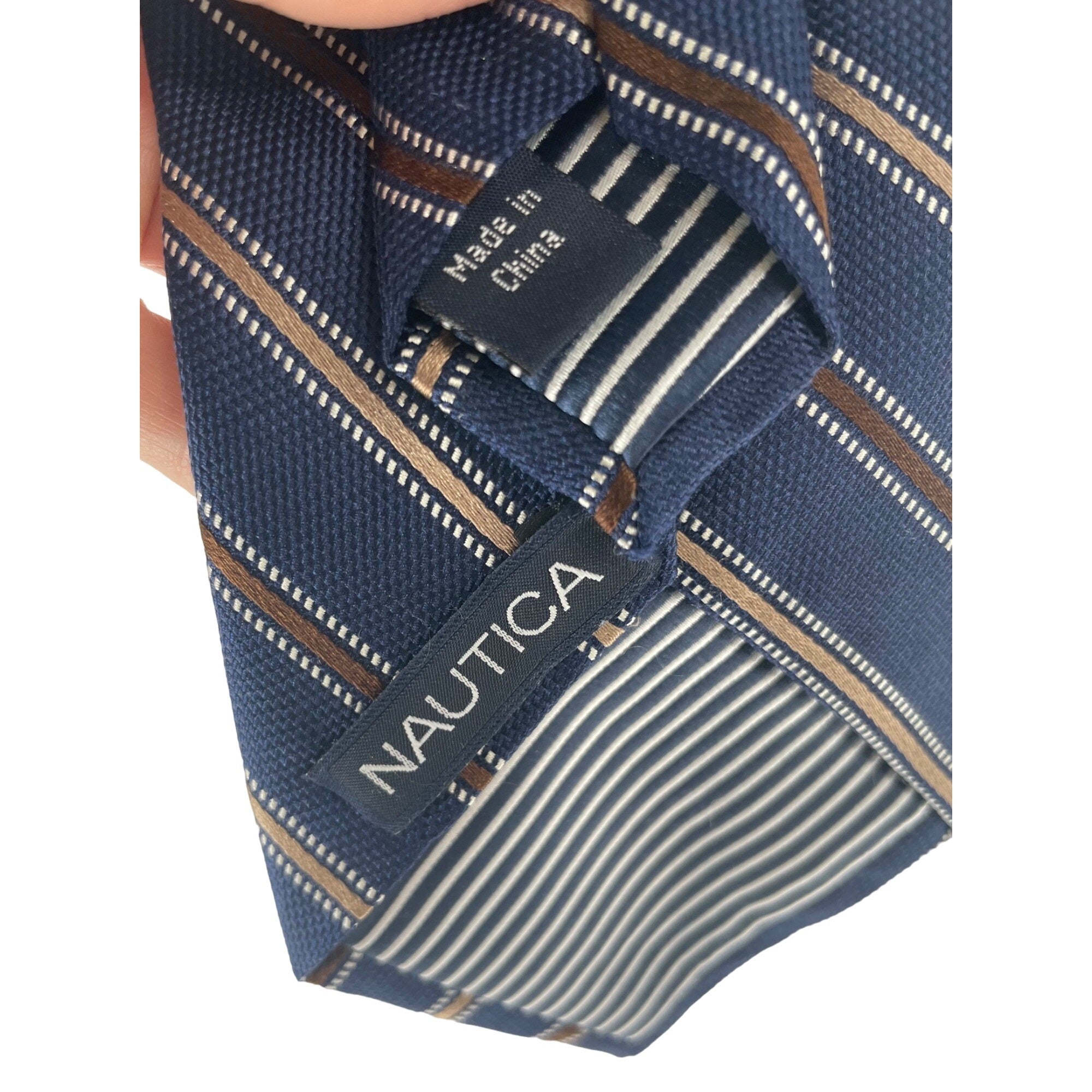 Nautica Men's Navy, Tan & Brown Striped 100% Silk Dress Tie