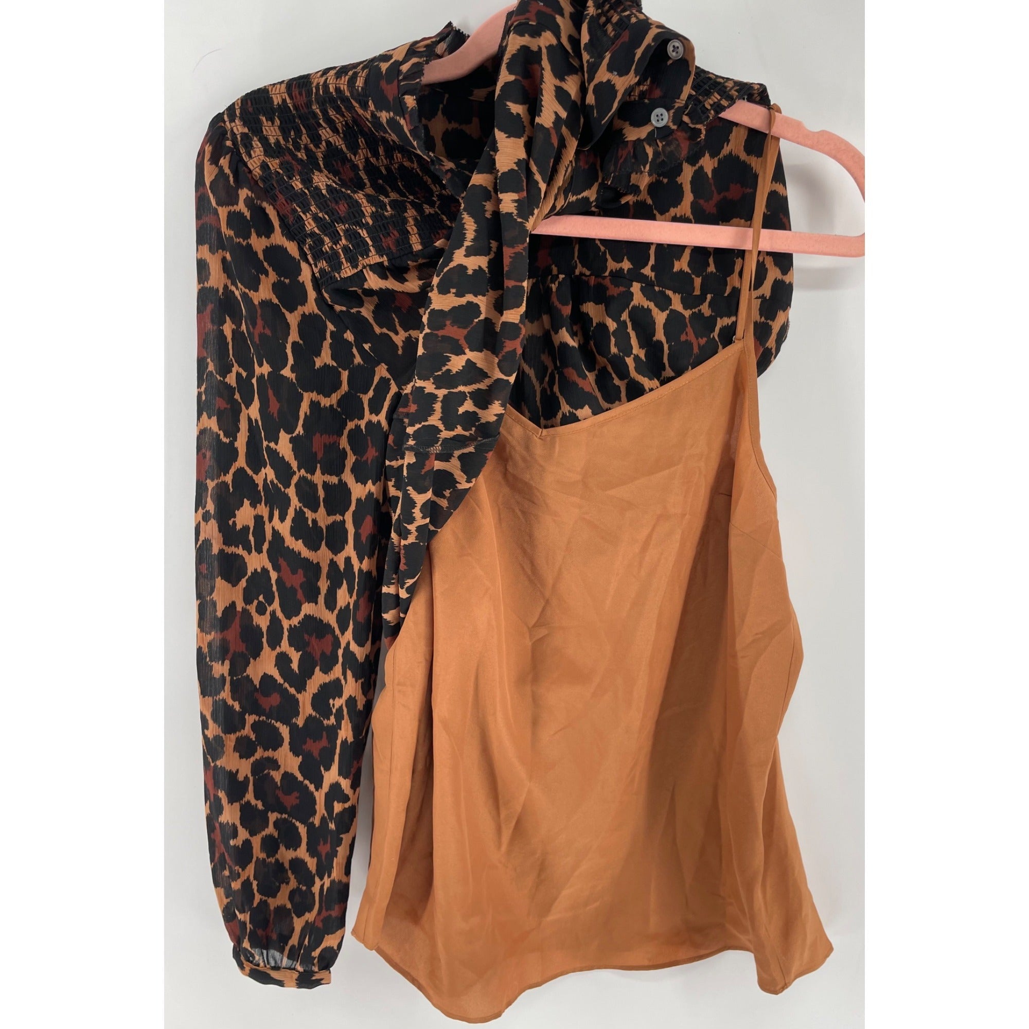 J. Crew Women's Size Medium Black/Brown Leopard Print Blouse W/ Ruffles & Attached Orange Cami