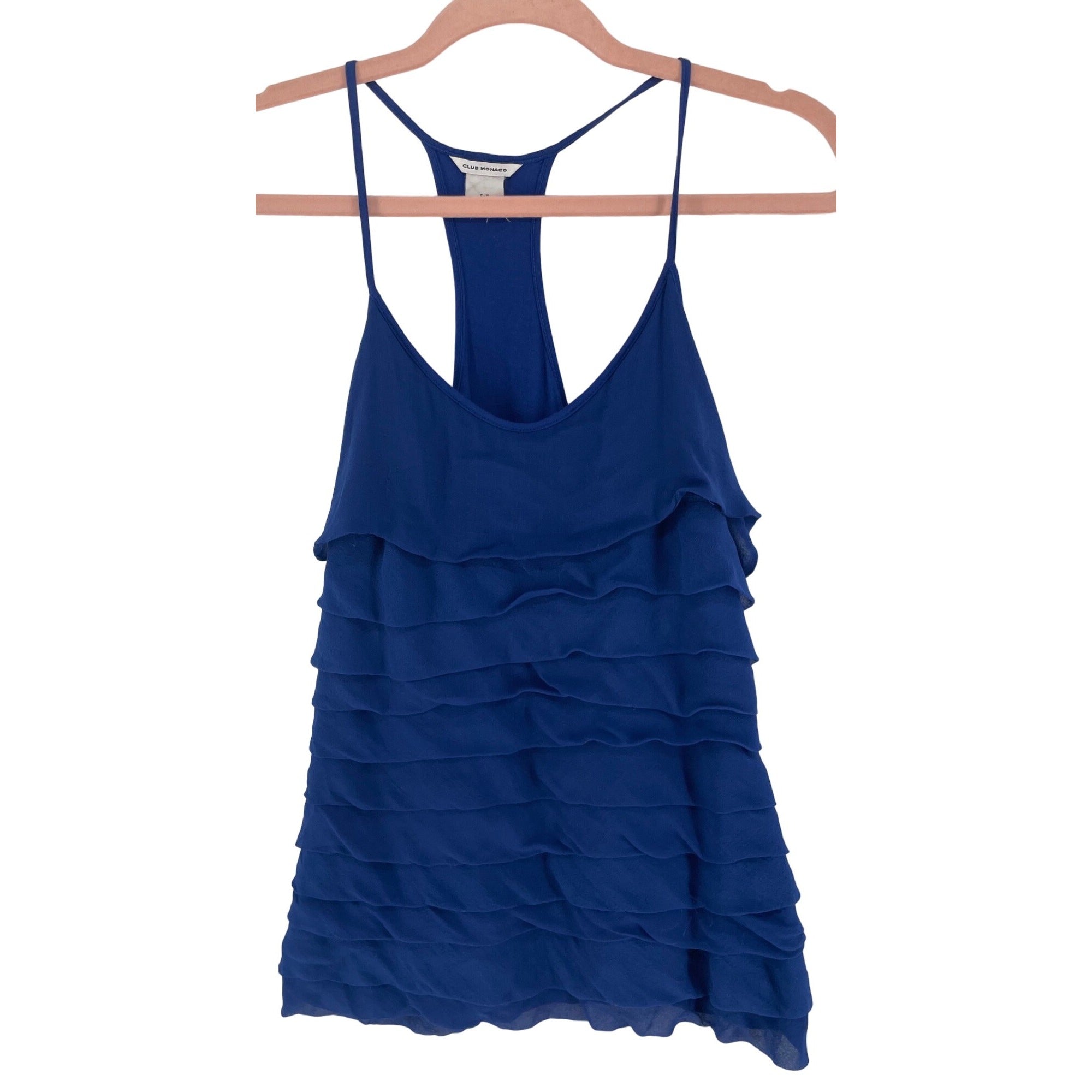 Club Monaco Women's Size Small Cobalt Blue Spaghetti Strap Tier Ruffled Top