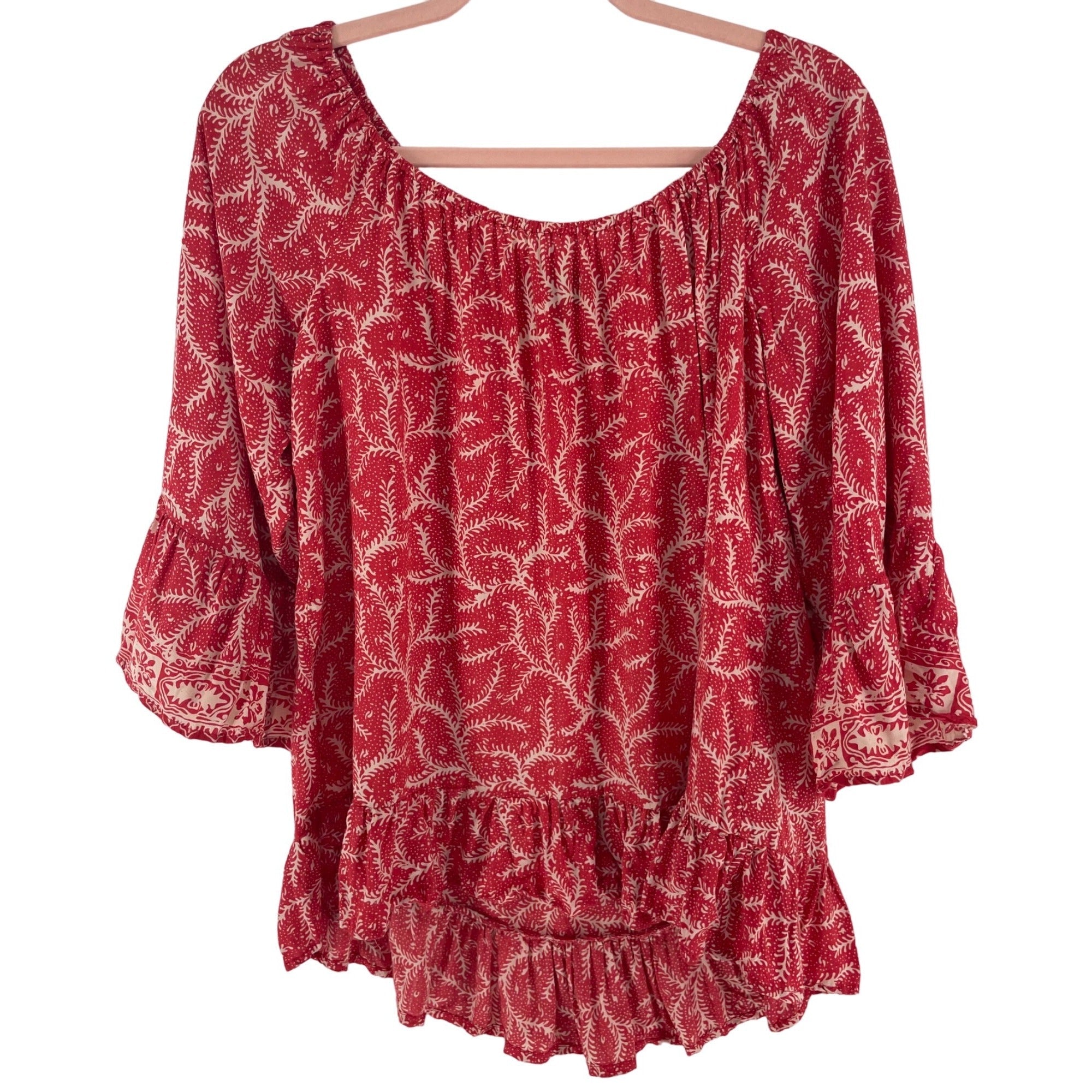 NWOT NAT by Natalie Martin Women's Size Large Red/ Cream Bell Sleeve Ruffle Top