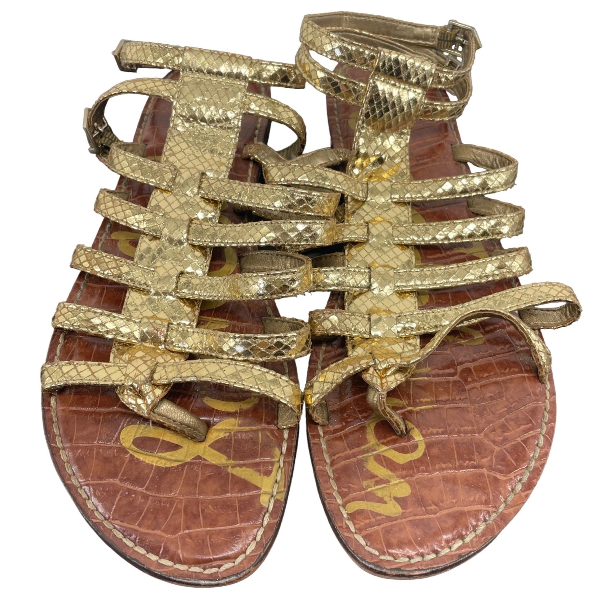 Sam Edelman Women's Size 9.5 Metallic Gold & Brown Snakeskin Gilda Flat Sandal